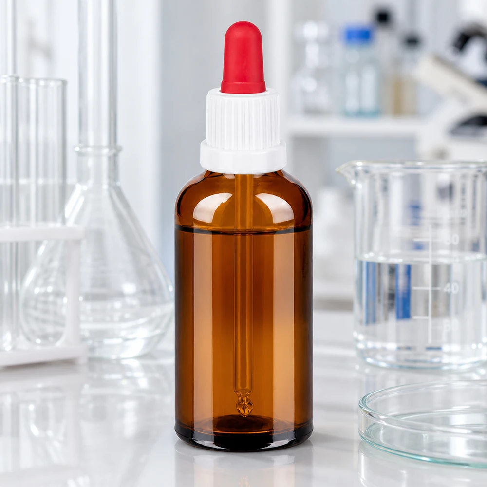 50 ml pipettflaska vit/röd med säkerhetsförslutning BrownLine UT18/50 Professionell 50 ml laboratorieflaska tillverkad av UV-skyddande bärnstensfärgat glas med ergonomiskt dropplock