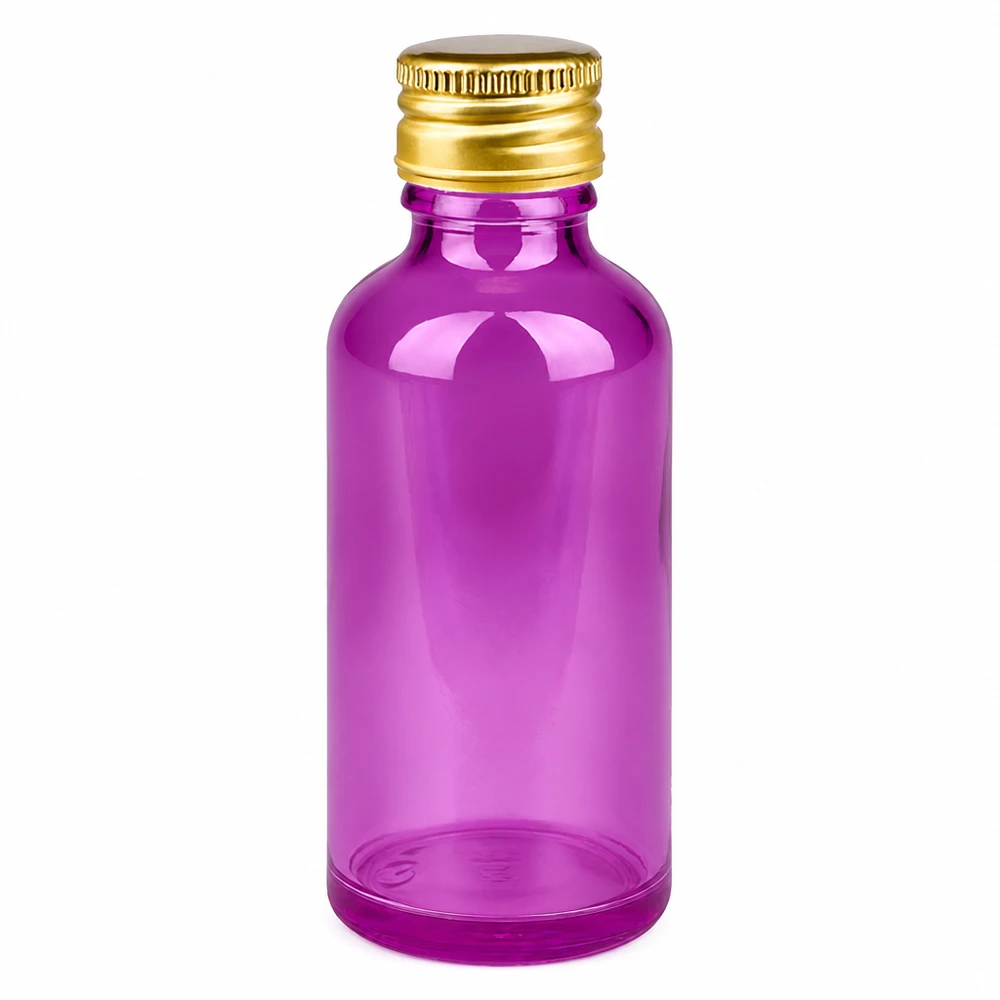 50ml flaska 11mm skruvkork aluminium guld standard PurpleLine. UT18/50 50 ml violett glasflaska med guldlock i aluminium för eteriska oljor och kosmetika