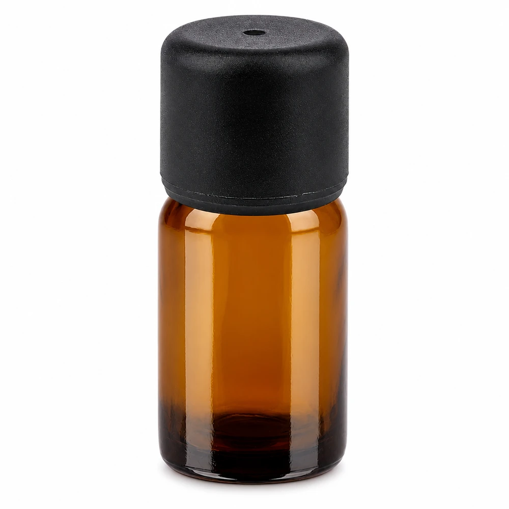 5 ml bärnstensfärgad glasflaska med svart lock för eteriska oljor och kosmetika