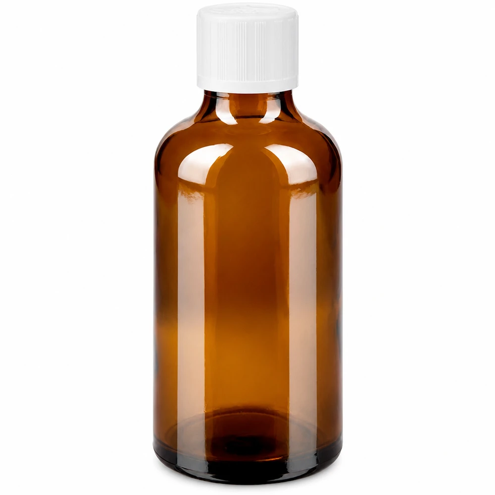 50 ml brun glasflaska med vitt barnsäkert lock och 1,2 mm droppinsats för apotek