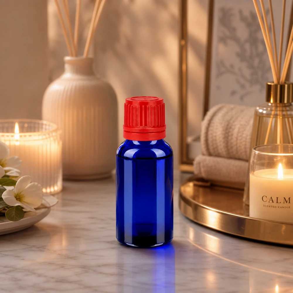 Liten 20 ml glasflaska i BlueLine-serien med rött originallock för exakt dosering