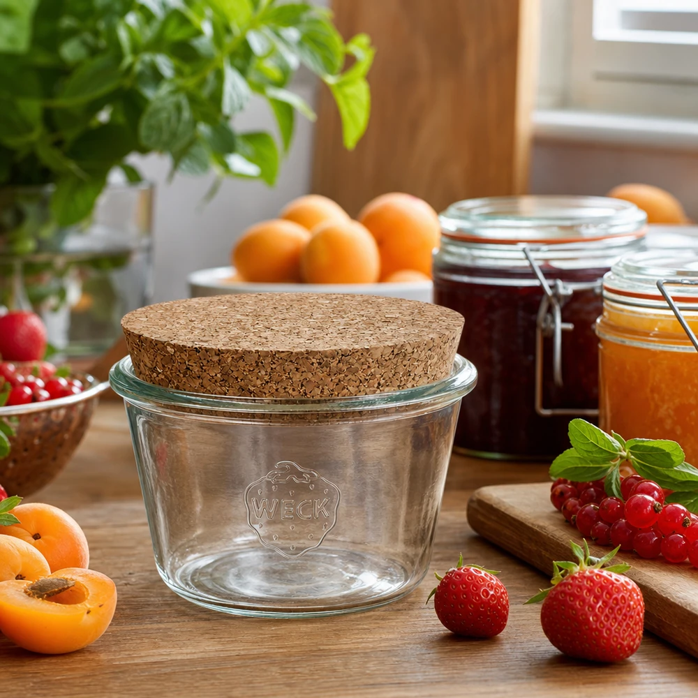 370ml Krossade glasögon WECK RR100 med naturkork WECK RR100 dricksglas 370 ml med korklock i köksscen med färsk frukt och syltburkar på träbord