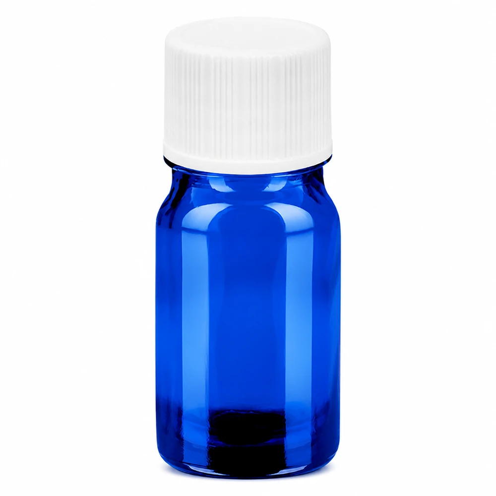 5 ml flaska 11mm skruvkork vit standard BlueLine UT18/5 5ml glasflaska blå med vit skruvkork 11mm för eteriska oljor och extrakt