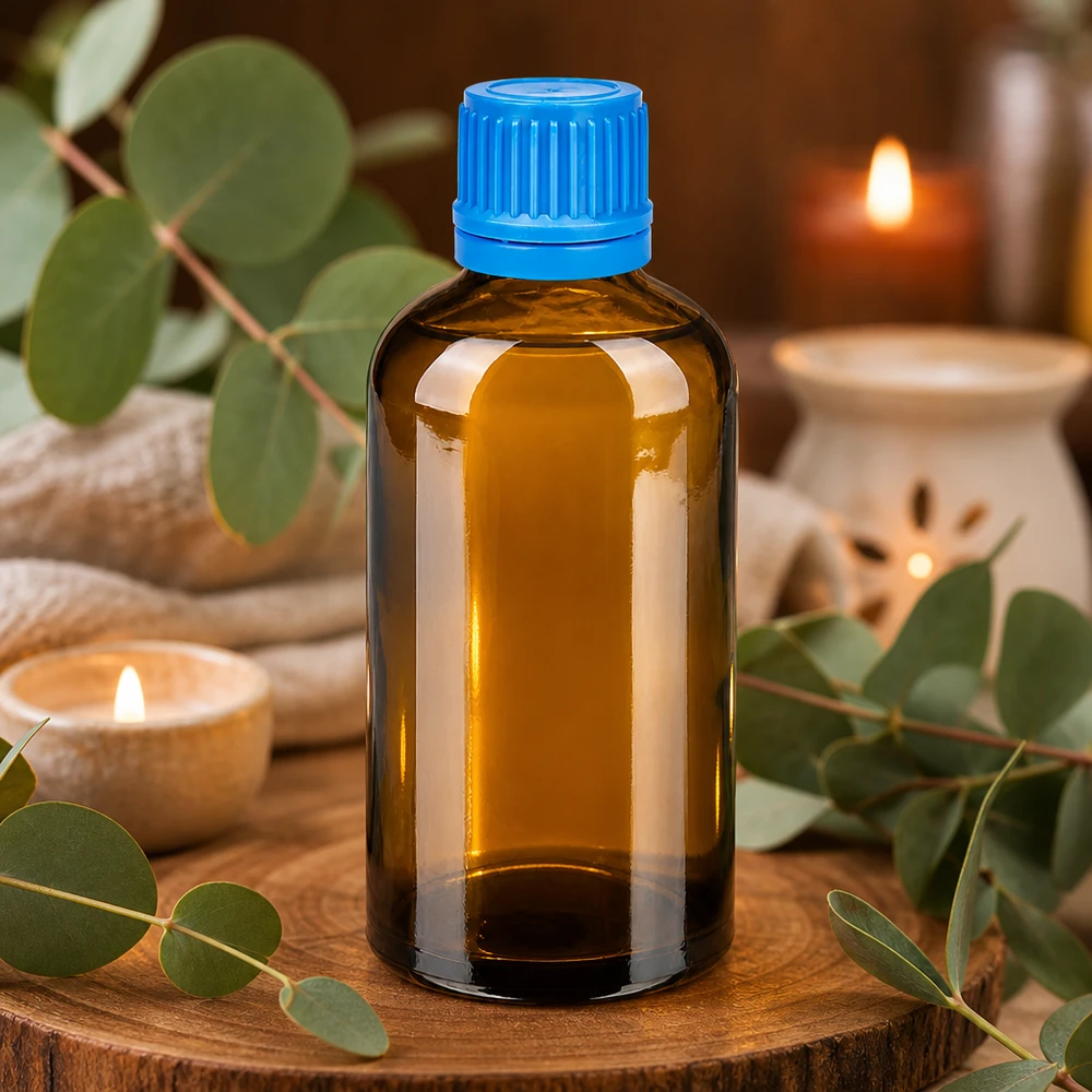 Liten bärnstensfärgad glasflaska 100 ml med blått lock, idealisk för eteriska oljor och aromaterapi