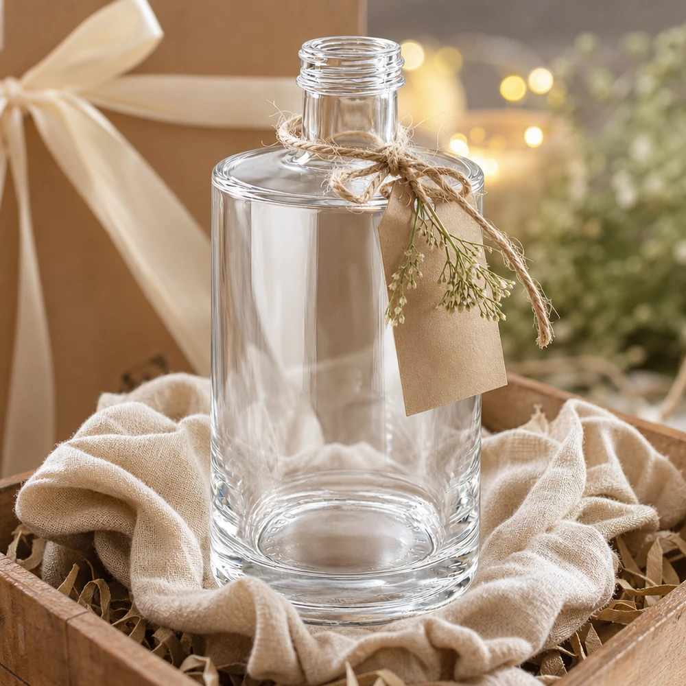 375 ml glasflaska Sam utan skruvlock UNiTWIST® 375 ml glasflaska Sam empty i presentförpackning med rosett och etikett, presenteras dekorativt som en presentuppsättning