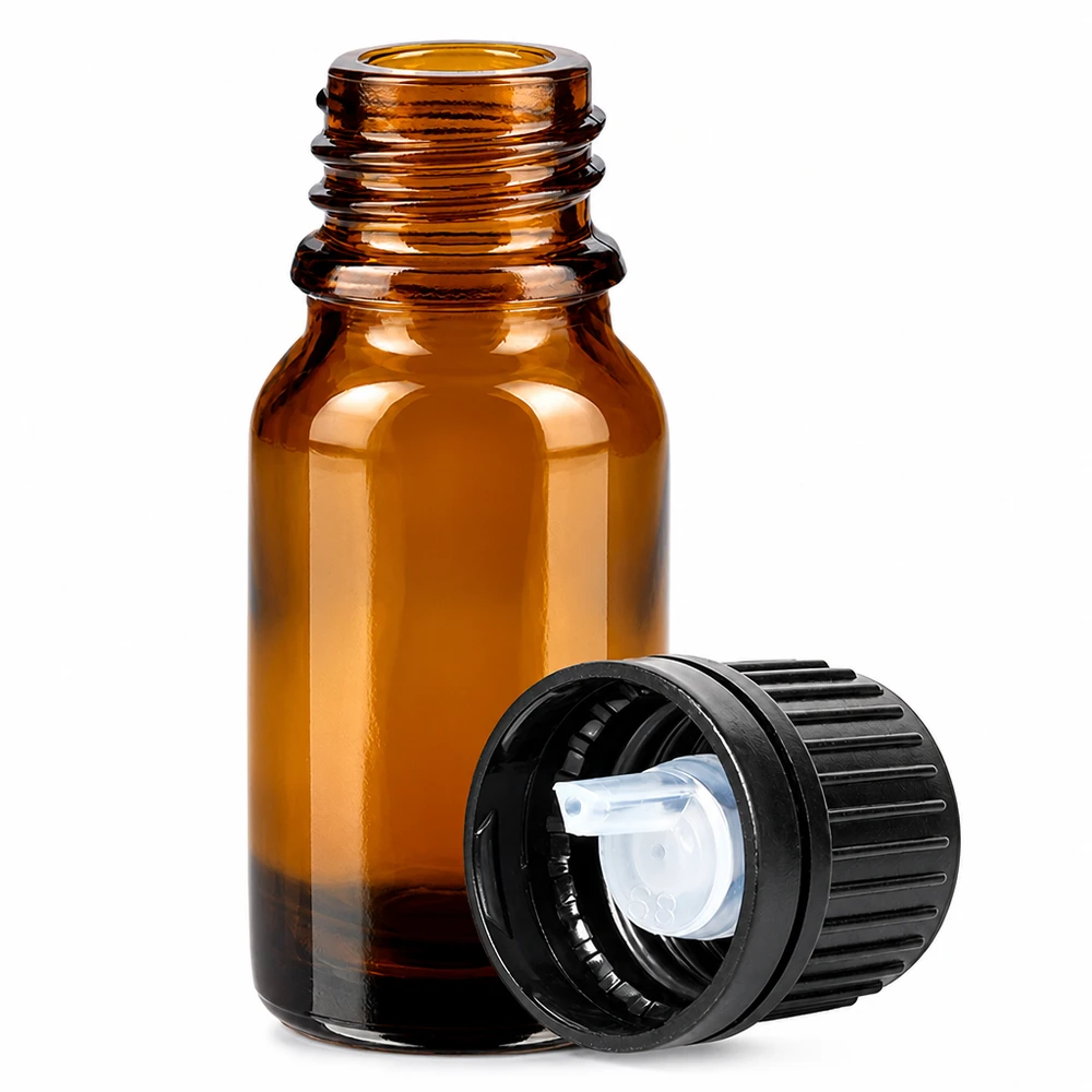 10ml Droppflaska 1mm svart med säkerhetsförslutning BrownLine UT18/10 Brun 10 ml glasflaska med 1 mm droppinsats och svart skruvlock för exakt dosering
