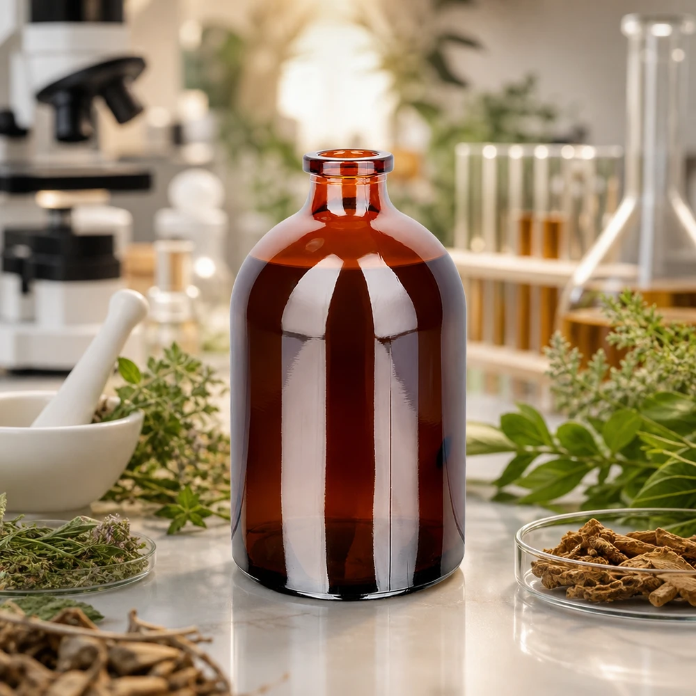 Injektionsflaska av bärnstensfärgat glas 100ml Injektionsflasche Braunglas 100ml mit schmalem Rollrandhals umgeben von botanischen Laborproben