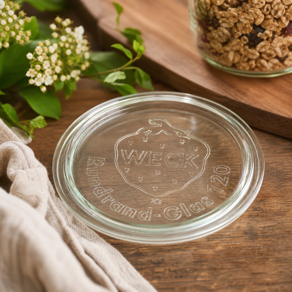 WECK glaslock RR120 Närbild med präglad logotyp på träbakgrund bredvid valnötter och vita blommor
