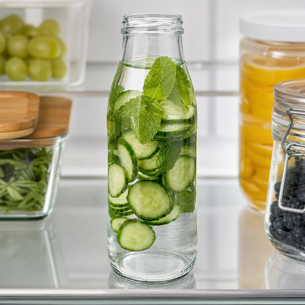 500ml glasflaska utan lock (TO48) UNiTWIST 500ml Glasflasche TO48 UNiTWIST mit Gurkenscheiben und Minze als Infused Water im modernen Kühlschrank
