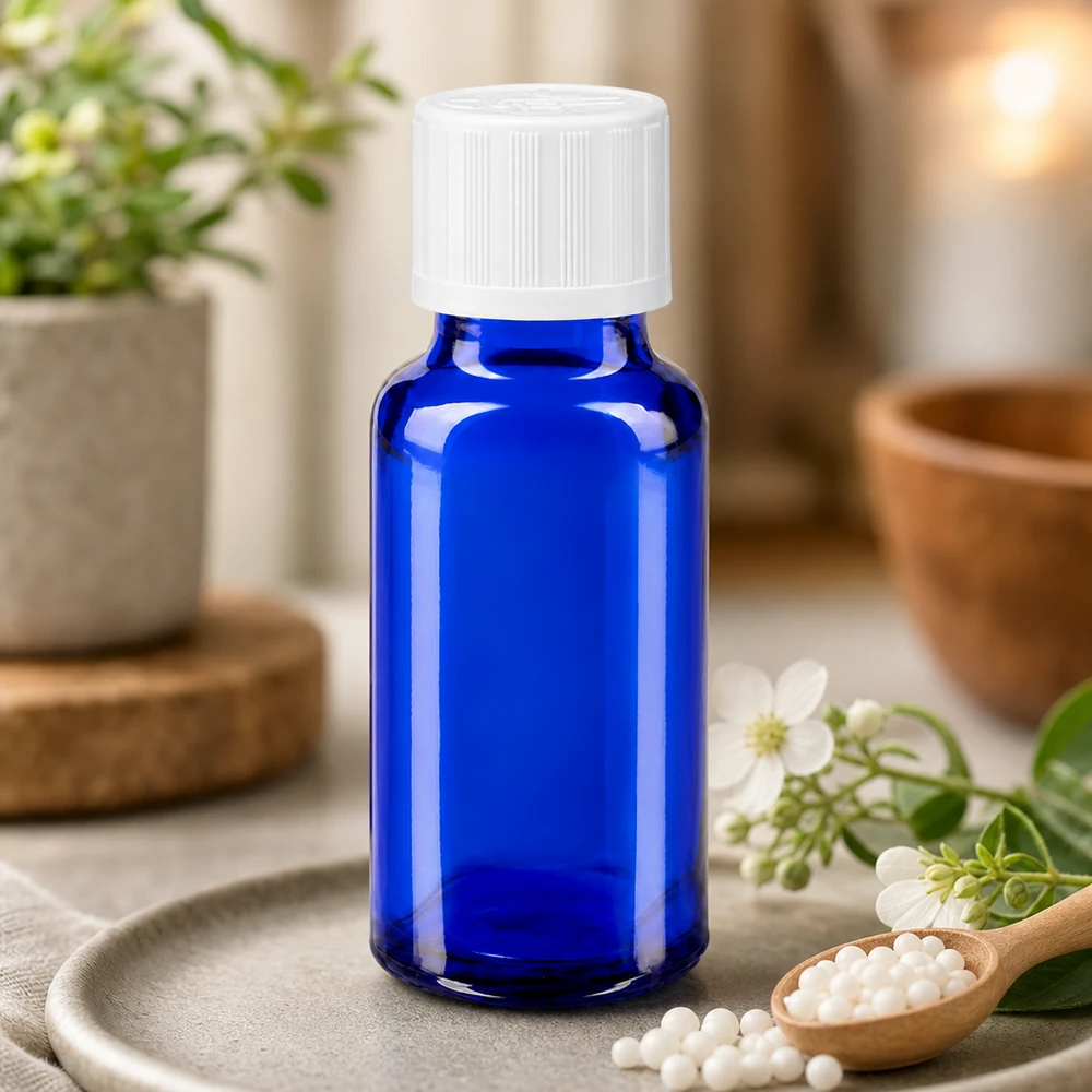 Blå 20 ml apoteksflaska med vitt säkerhetslock bredvid homeopatiska globuli