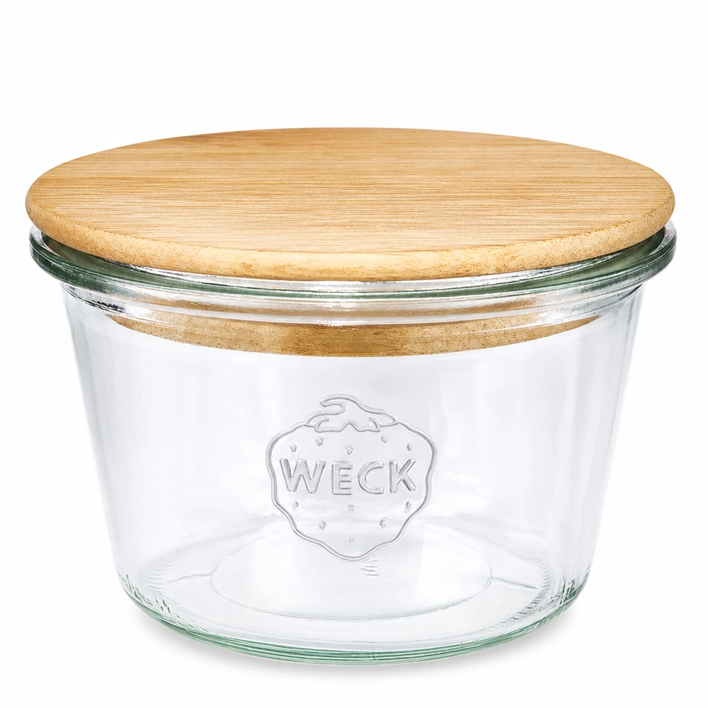 370ml Krossade glasögon WECK RR100 med trälock 370 ml WECK RR100 murarburk med trälock - rund konserveringsburk i glas med bambulock för köket