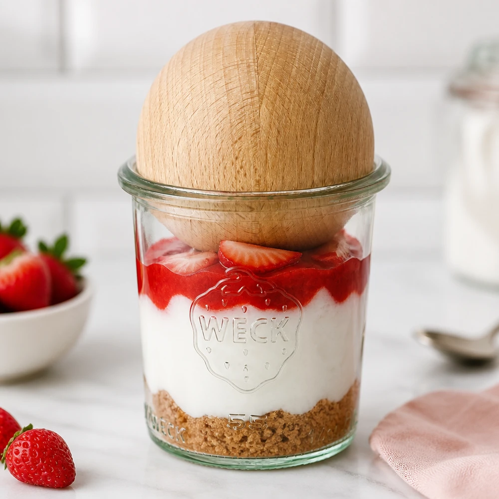 140 ml WECK RR60 Krossade glasögon med träkula i bok WECK Sturzglas 140ml RR60 als Dessertglas mit Erdbeeren und Sahne, Holzkugel aus Buche als stilvoller Deckel