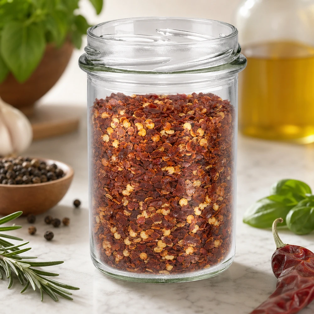 230ml Krossade glasögon utan lock (TO66) UNiTWIST UNiTWIST Lintel230 Lintelburk 230ml TO66 fylld med chilikryddblandning på köksbord med örter