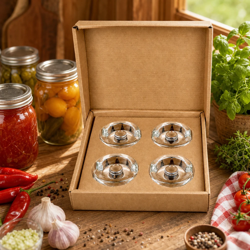 Glasvikter för jäsning med handtag, 4-pack UNiTWIST Fermentier-Glasgewichte UNiTWIST 4er Set in Geschenkbox umgeben von frischen Kräutern Tomaten und Einmachgläsern