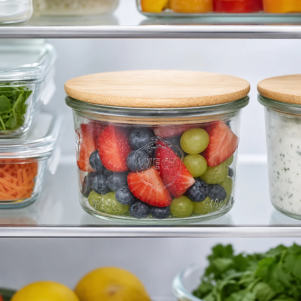 WECK tumblers 200ml RR80 med bambulock fyllda med färgglad fruktsallad i kylen för optimal matförvaring.