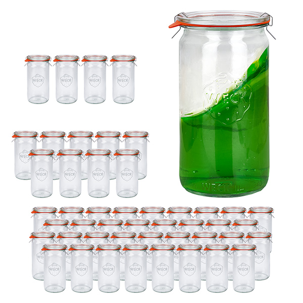 Set med 48 Weck-burkar 340 ml cylinderburkar med 48 glaslock Set med 48 Weck-burkar 340 ml cylinderburkar med 48 glaslock