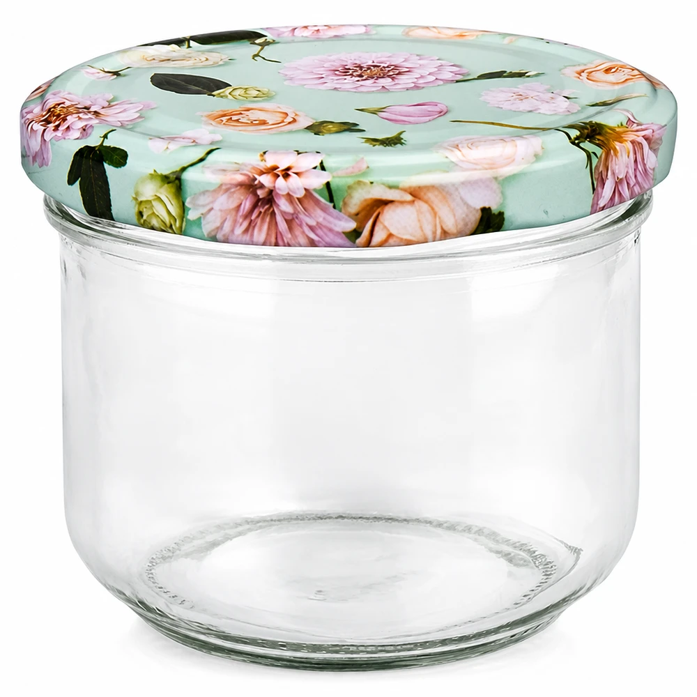 260 ml Krossade glasögon + BasicSeal-lock blomma mint UNiTWIST 260 ml glas med BasicSeal-lock i mint med blommigt mönster, tom konserveringsburk för sylt och konserver