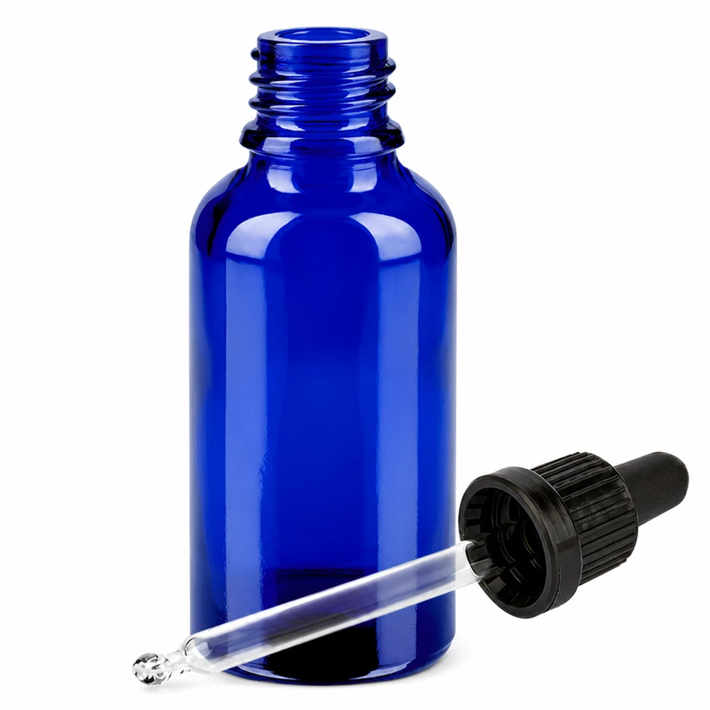 Blå glasflaska 30 ml med pipett och svart dropplock för exakt dosering