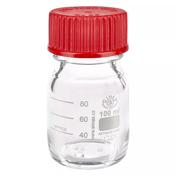 100 ml gängad laboratorieflaska av borosilikatglas 3.3. med rött skruvlock, tätning och hällring 100 ml gängad laboratorieflaska av borosilikatglas 3.3. med rött skruvlock, tätning och hällring