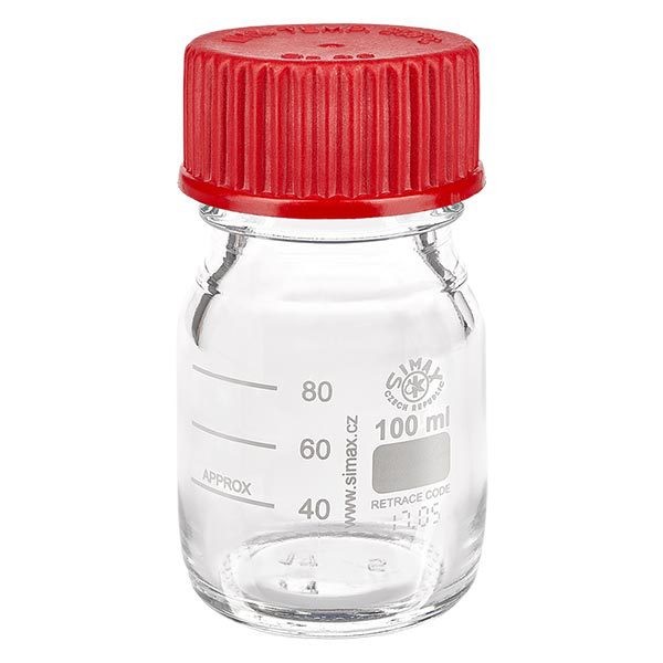 100 ml gängad laboratorieflaska av borosilikatglas 3.3. med rött skruvlock, tätning och hällring 100 ml gängad laboratorieflaska av borosilikatglas 3.3. med rött skruvlock, tätning och hällring