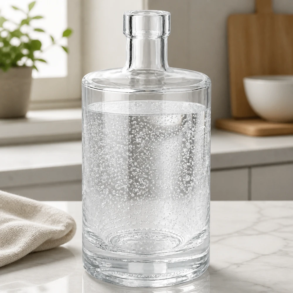 500 ml glasflaska Marie fylld med kolsyrat mineralvatten på en marmorbänkskiva i ett modernt kök