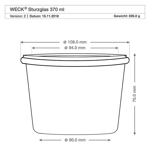 Set med 24 Weck-burkar 370ml Krossade glasögon med 24 glaslock WECK dricksglas 370ml RR100 teknisk ritning dimensioner dimensioner 108mm diameter 70mm höjd produktspecifikation