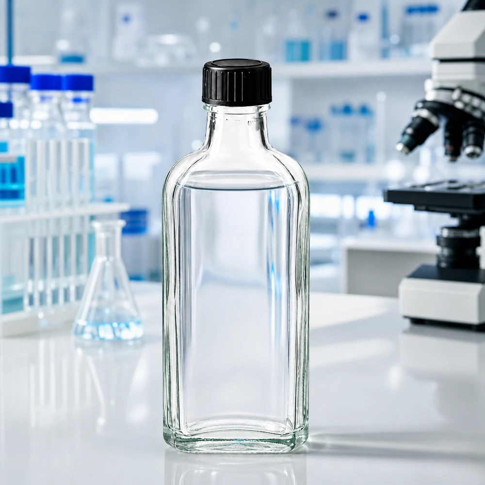 Genomskinlig Meplat-flaska, 100 ml, med LKD-tätningsskiva i en professionell laboratoriemiljö