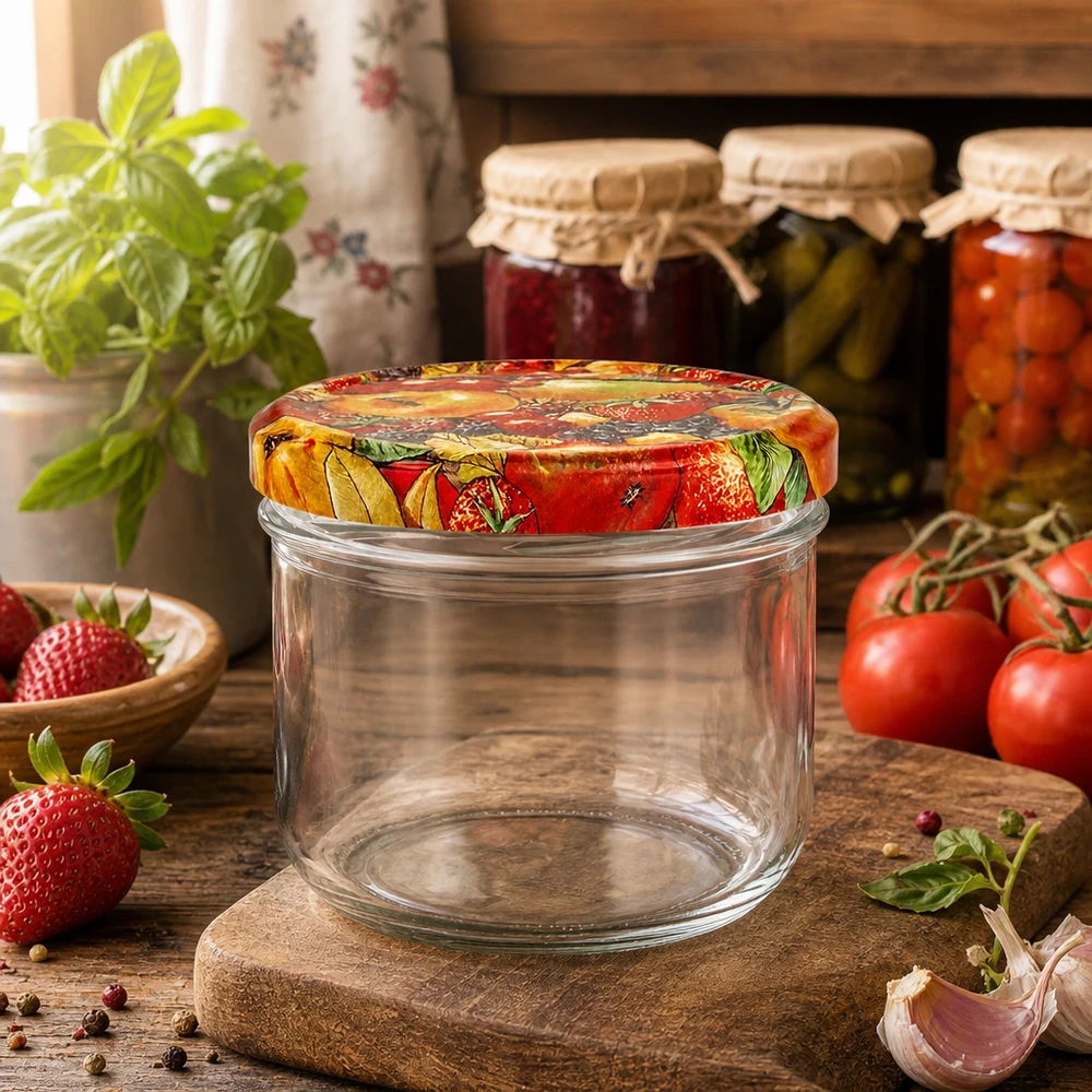 260ml Krossade glasögon + BasicSeal lock fruktdekor UNiTWIST Leeres 260ml Sturzglas mit dekorativem Obst-Deckel umgeben von frischen Tomaten und Erdbeeren in Küche