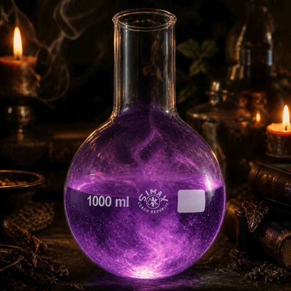 1000 ml kolv med rund botten och bred hals av transparent glas för kemiska experiment