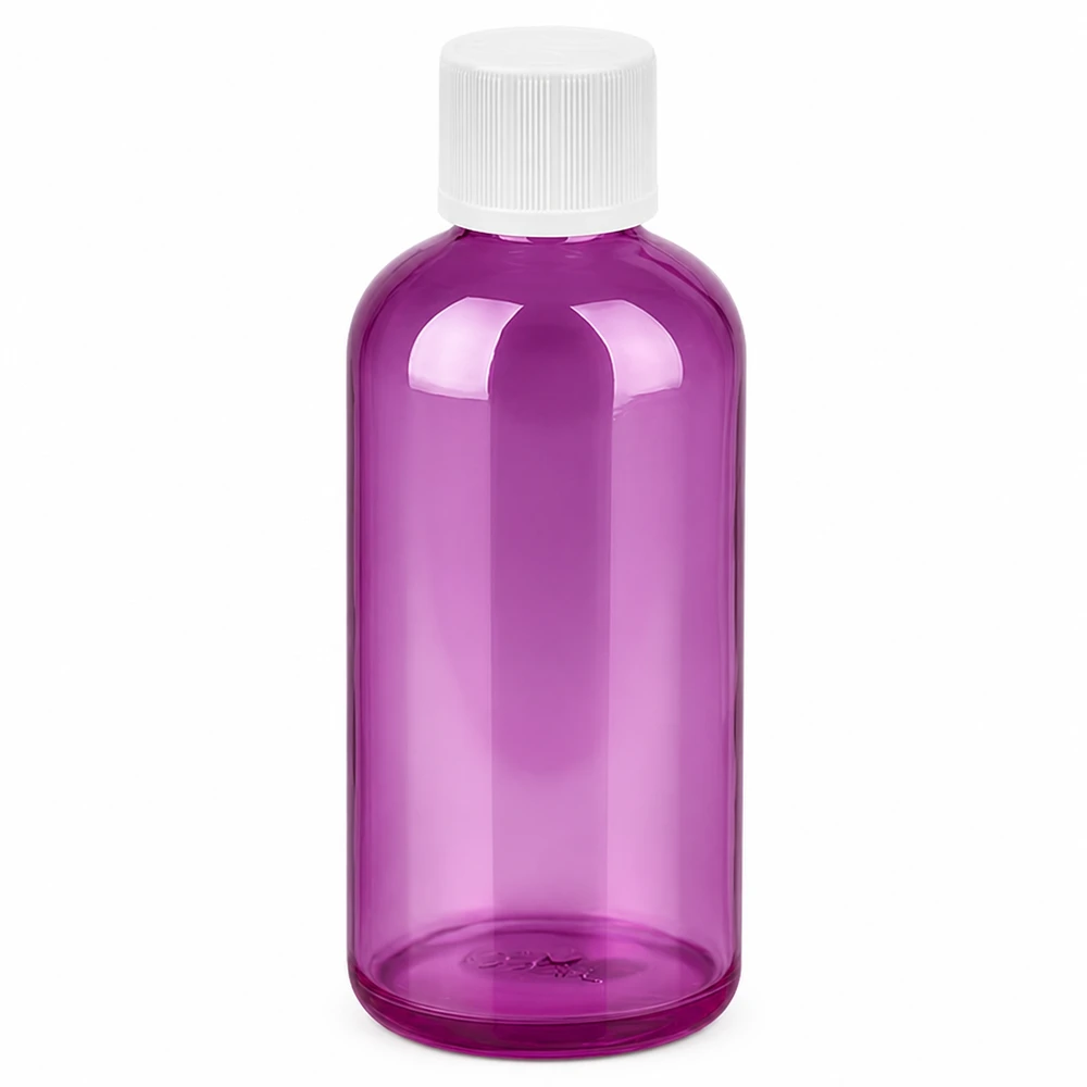 100ml plastflaska i lila transparent med vitt skruvlock 11mm för kosmetika och apotek