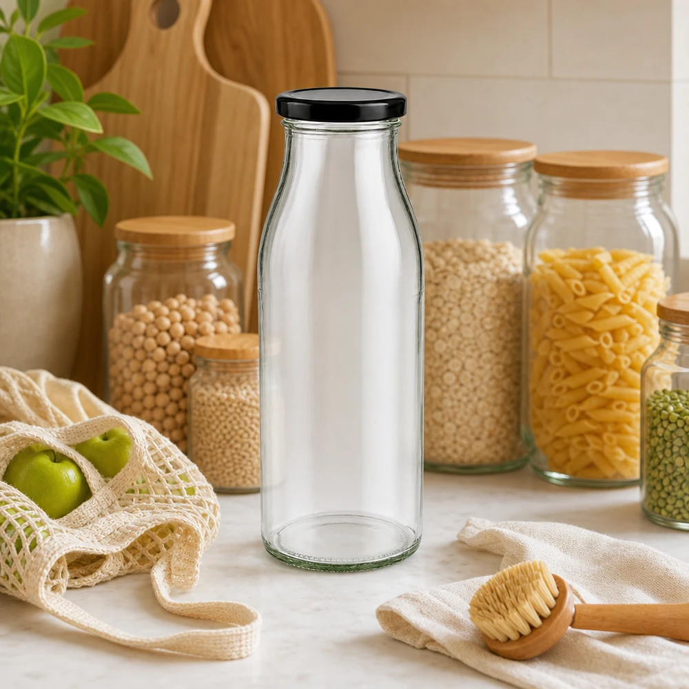 500 ml glasflaska + BasicSeal-lock svart UNiTWIST 500 ml glasflaska med svart lock i ett avfallsfritt kök med förvaringsburkar och hållbara material
