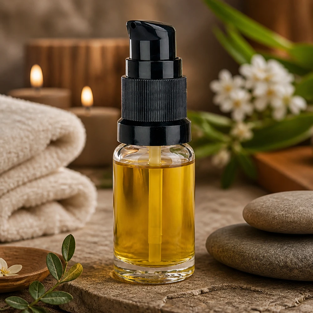 Liten 10 ml glasflaska med svart pumpflaska på natursten tillsammans med wellness-tillbehör