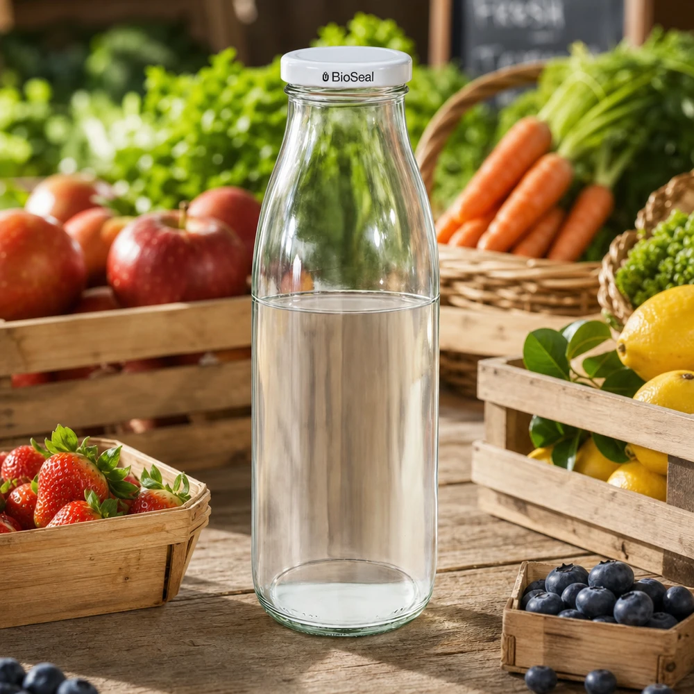 500 ml glasflaska + BioSeal-lock vit UNiTWIST 500ml Glasflasche mit BioSeal Deckel auf Marktstand zwischen frischem Obst und Gemüse, ideal für Säfte und Smoothies