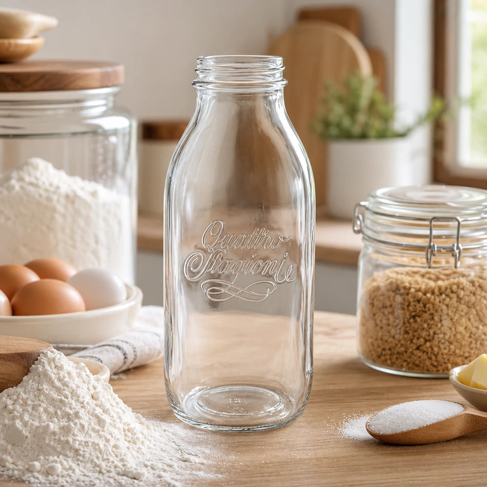 1000 ml glasflaska "Quattro Stagioni" QS56mm 1000 ml Quattro Stagioni-glasflaska med vid mynning i ett rustikt kök med matlagningsingredienser och förvaringsburkar