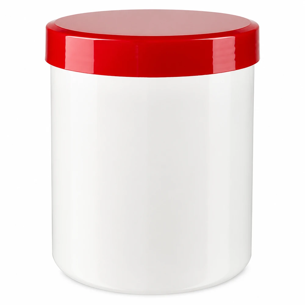 Salvburk 300g vit med rött skruvlock (polypropylen) Salvburk 300 g, vit med rött skruvlock av PP-plast