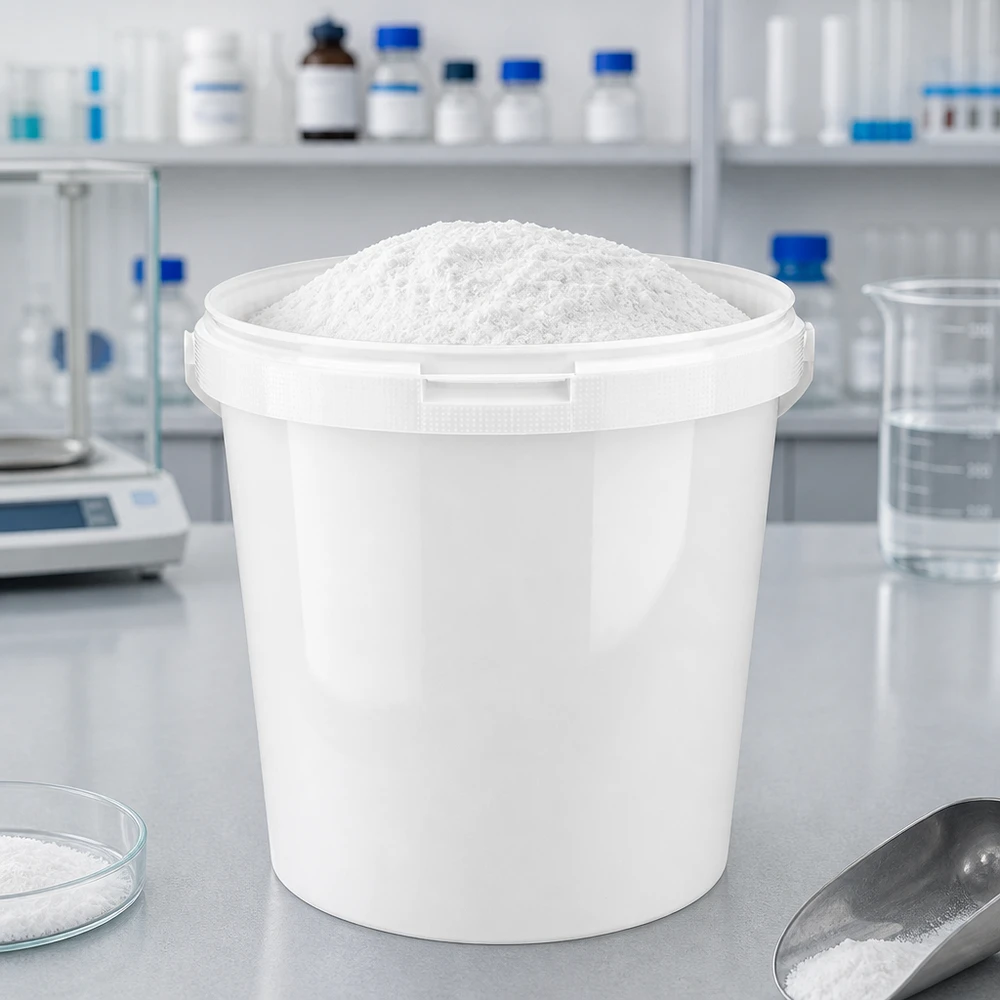 Vit PP-hink på 10,7 liter fylld med vitt pulver i laboratoriemiljö, utan lock