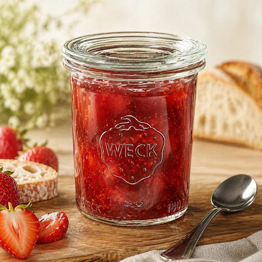 WECK RR60 160 ml murarburk med röd jordgubbssylt och sked, dekorativt upplagd med bröd och jordgubbar