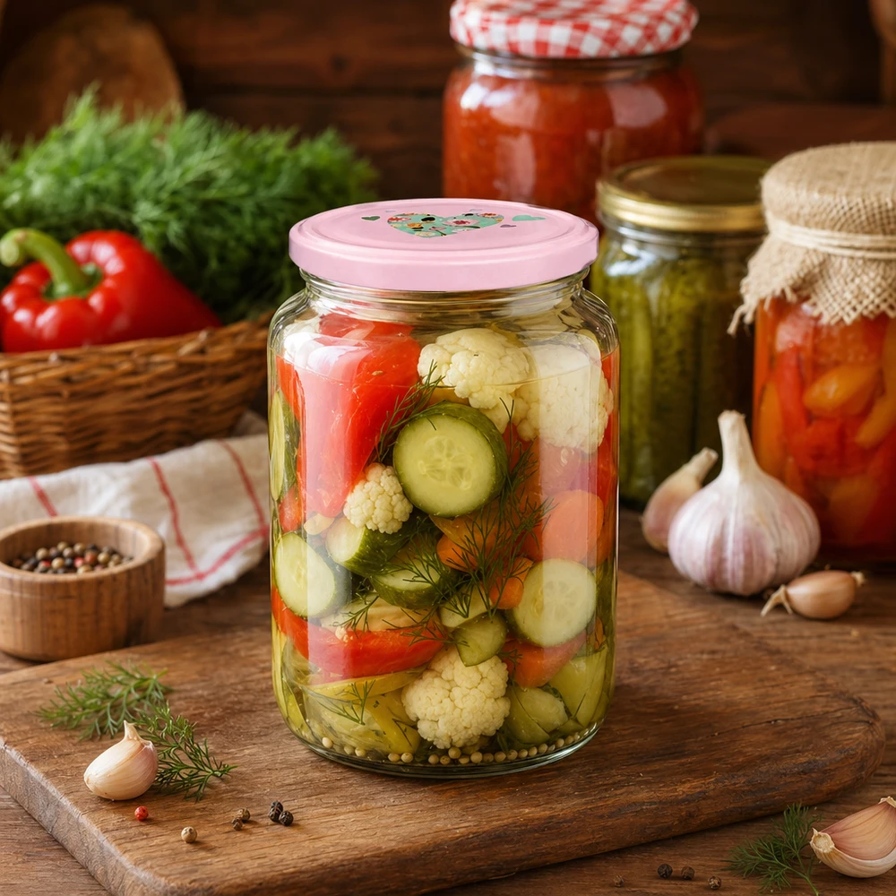 795 ml rund burk + BasicSeal-lock hjärtrosa UNiTWIST Rundglas 795ml mit rosa Herzdeckel befüllt mit eingelegtem Gemüse Gurken Blumenkohl Paprika in rustikaler Küche