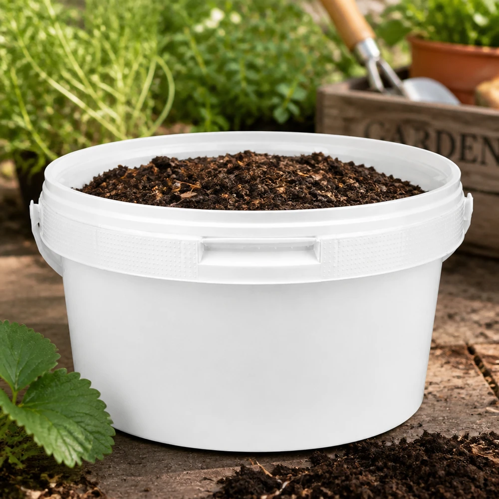 3,5-liters hink i vit polypropenplast med lock Trädgårdshink 3,5 l i vit PP-plast med lock för jord, kompost och gödsel