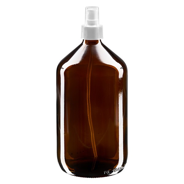 1000 ml brun medicinflaska av Euro-typ med vit spray och genomskinlig lock