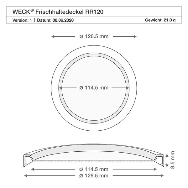 300ml gourmetburk med frisyr. WECK RR120 Teknisk ritning WECK RR120 lock för färskhållning med dimensionerna diameter 126,5 mm och 114,5 mm tvärsnitt