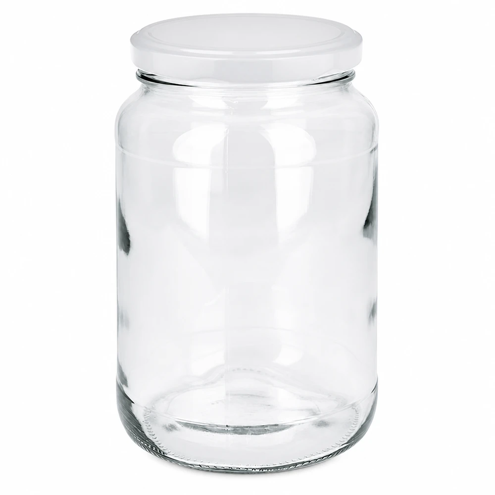 1700ml rund burk med BasicSeal lock vit UNiTWIST 1700 ml rund burk med vitt BasicSeal-lock UN-certifierad förvaringsburk konserveringsburk transparent tom