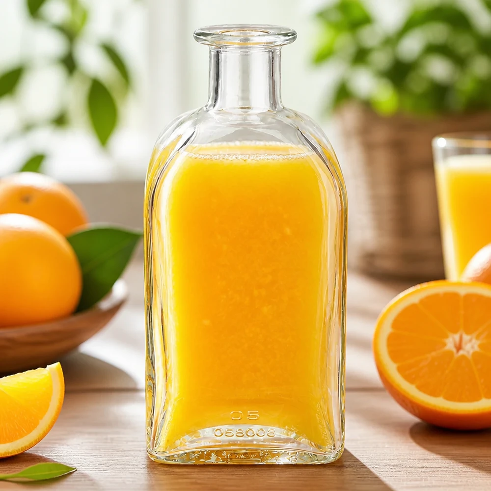 500 ml Julia glasflaska fylld med apelsinjuice omgiven av färska apelsiner och apelsinskivor på ett träbord