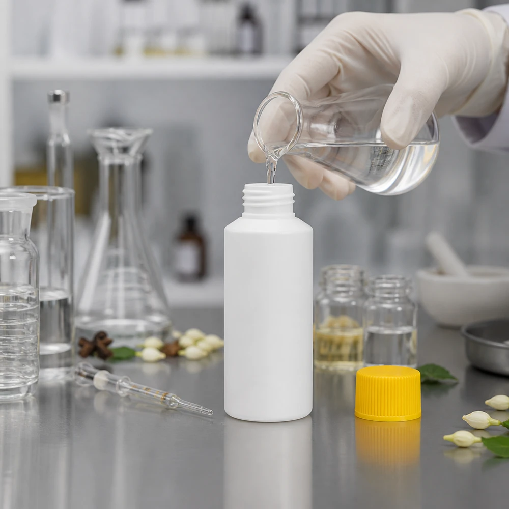 Apoteksflaska HDPE 30ml vit, med gult skruvlock Cylindrisk vit apoteksflaska på 30 ml av HDPE med gult lock på ett laboratoriebord
