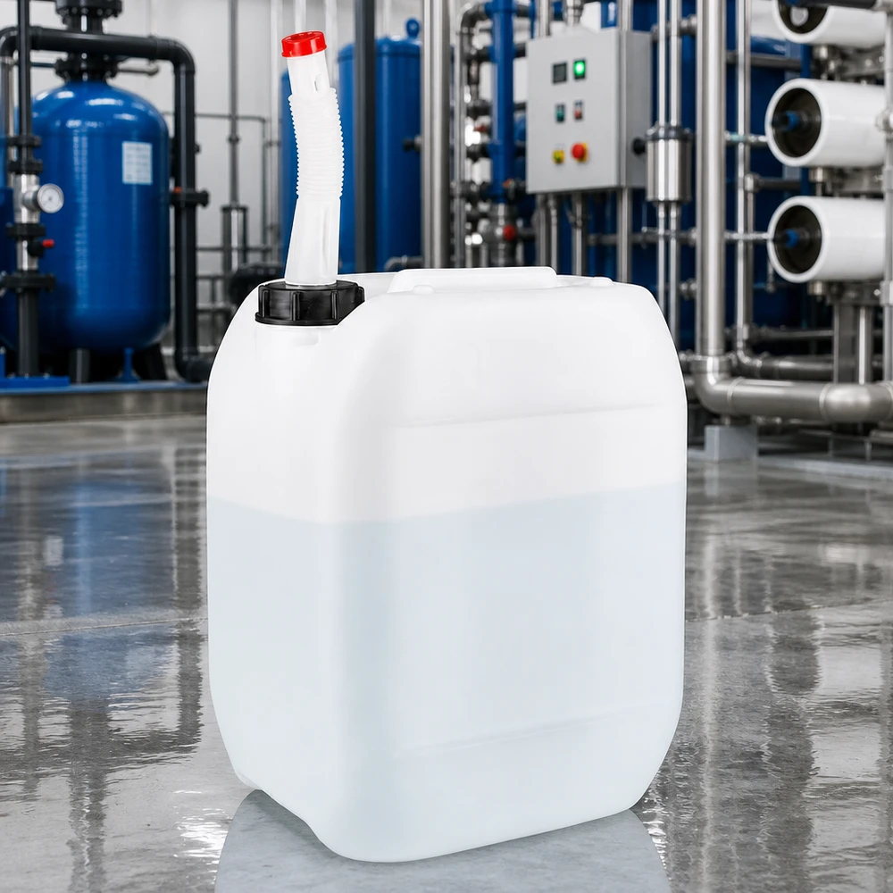 10 liter Dunk med Flex utloppsrör Robust industrikanister på 10 liter med flexibelt utloppsrör i en modern vattenreningsanläggning