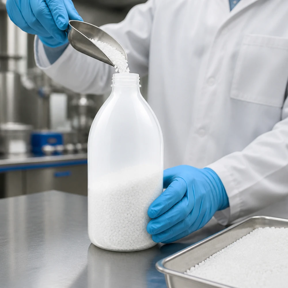 Laboratorieteknikern fyller vita granulatpellets i en 500 ml laboratorieflaska med smal hals utan lock