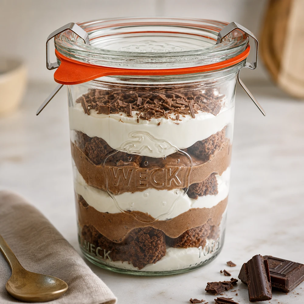WECK 160 ml RR60-glas fyllda med lagrad dessert Tiramisu visar mångsidig användning som dessertburk