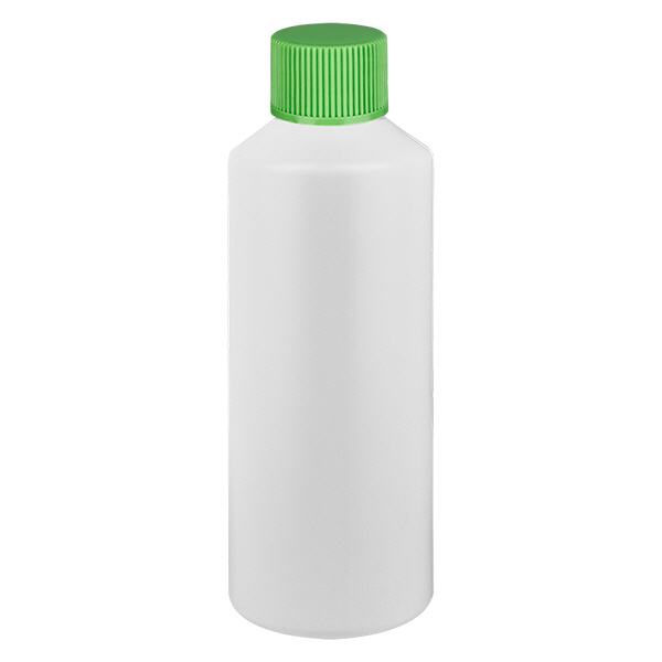 Apoteksflaska HDPE 100ml vit, med grönt skruvlock Apoteksflaska HDPE 100ml vit, med grönt skruvlock