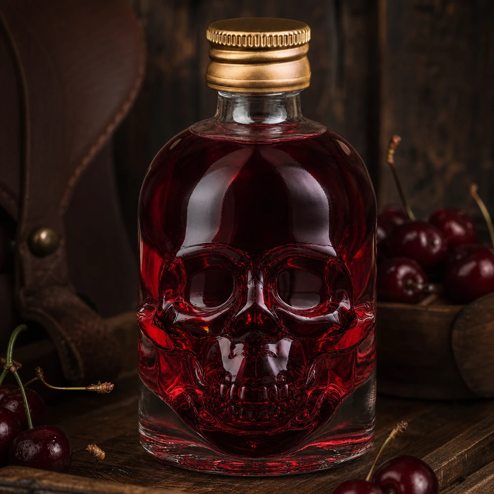 50ml glasflaska Hector dödskalle design med körsbärsrött innehåll omgivet av färska körsbär på rustikt trä