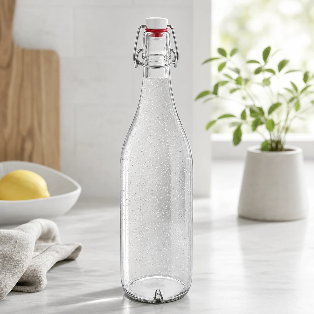 1000 ml glasflaska + svängbar topp PVC UNiTWIST 1000 ml glasflaska med svängbart lock PVC UNiTWIST fylld med kolsyrat vatten i modernt kök Lifestyle